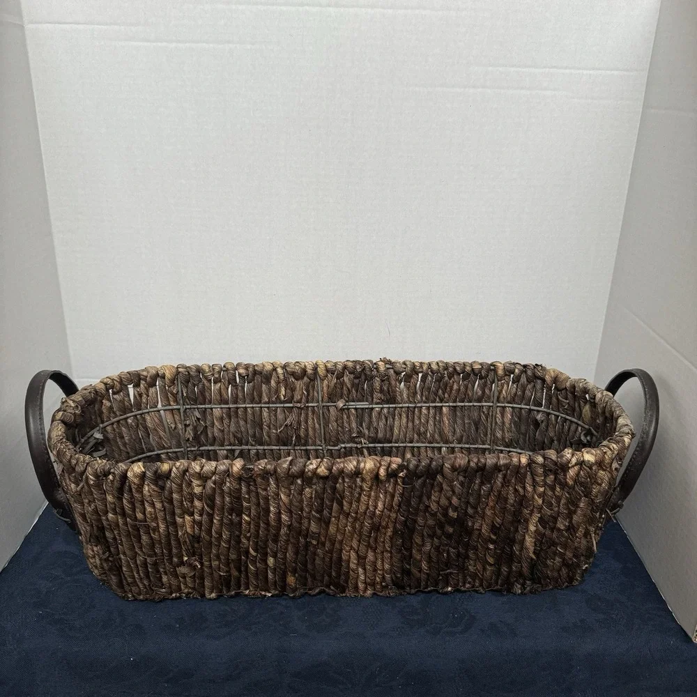 Long Wicker Basket Container Brown‎ Seagrass Leather Handles Metal Frame 19.5